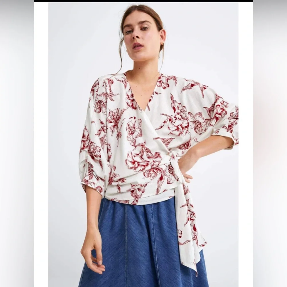 Zara Linen Blend Floral Cropped Puff Sleeve Wrap Top Size XS
